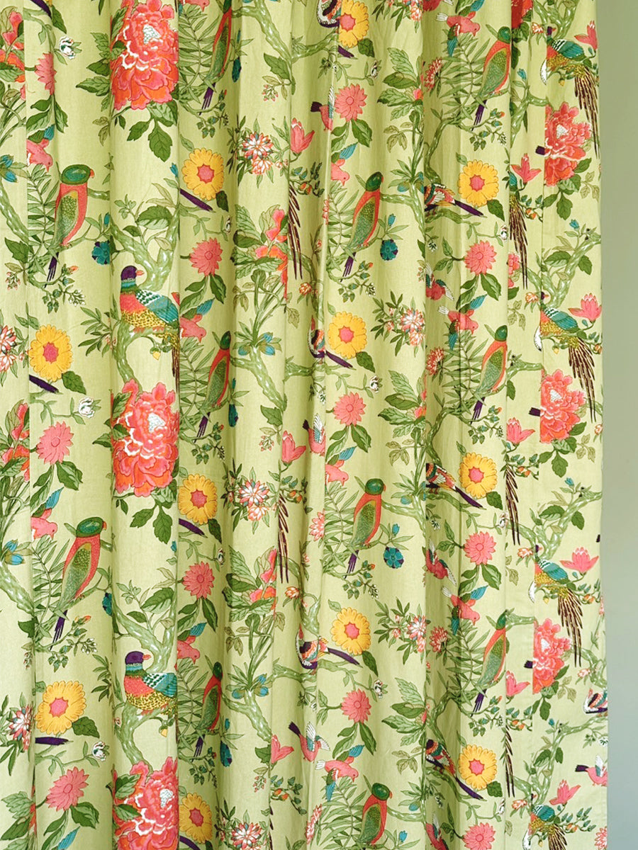 Printed Curtain - Bird Lime｜プリントカーテン - バードライム シーチング