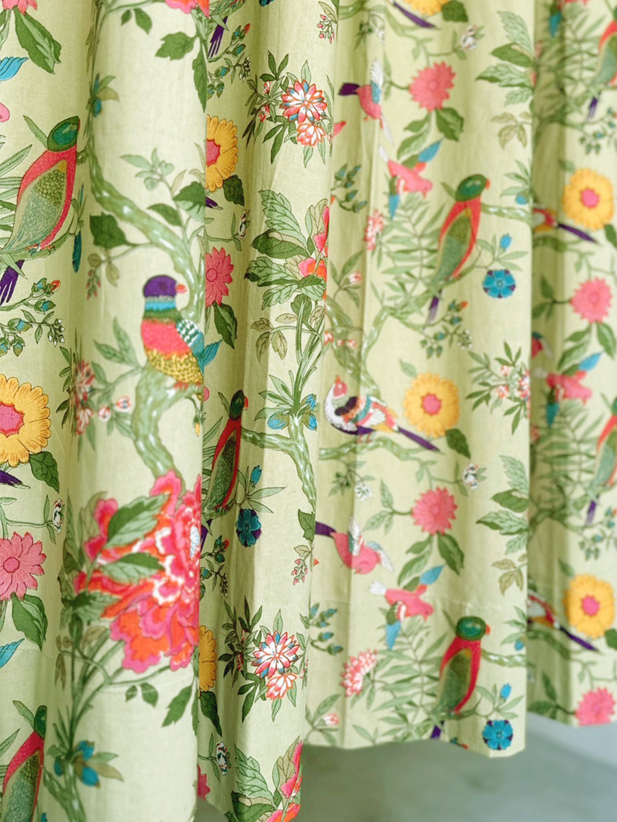Printed Curtain - Bird Lime｜プリントカーテン - バードライム シーチング