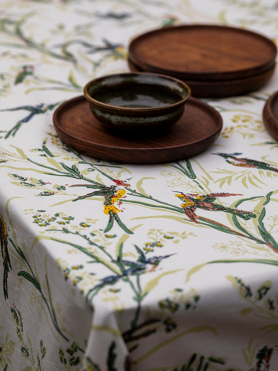 Printed Table Cloth - Piping Humming Bird Natural｜プリントテーブルクロス  パイピング - ハミングバード ナチュラル